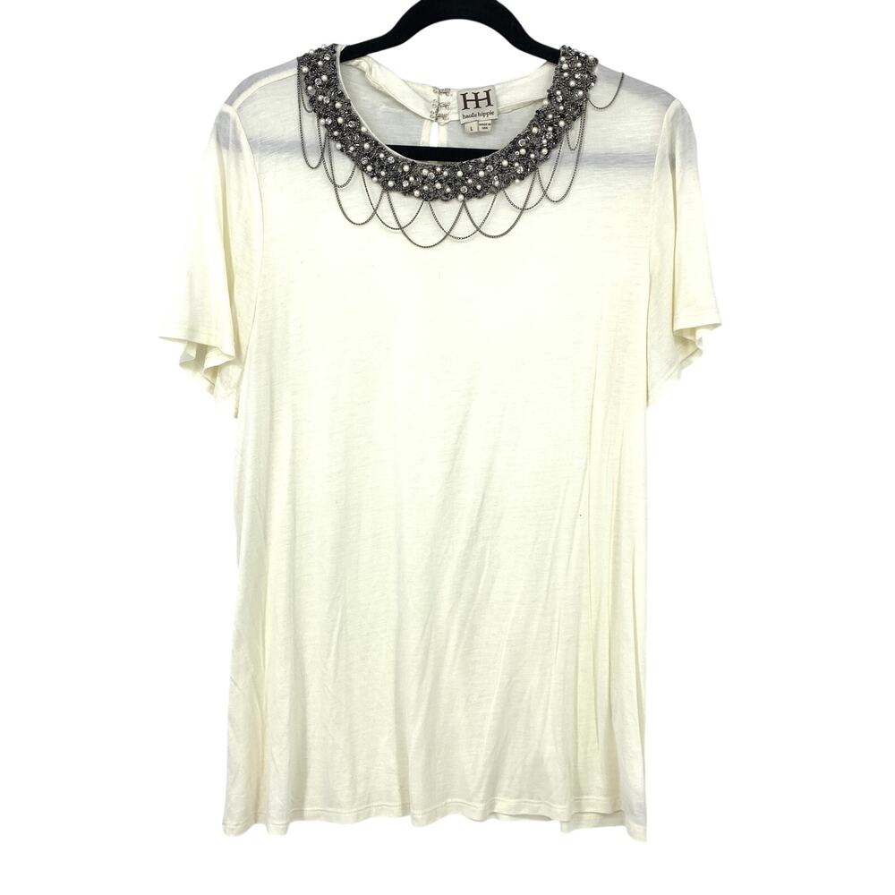 Haute Hippie Top Womens Large Ivory Beaded Sequin Neckline Draped Chain Fringe
